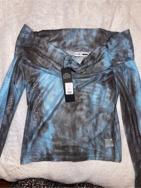Fashion Nova Blue & Gray Tie-Dye Off-Shoulder Long Sleeve Top